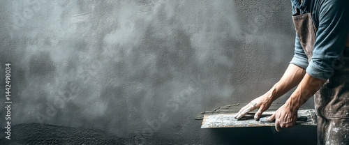 Closeup of a plasterer's hands as he works with a trowel, applying plaster to a wall as part of his construction job