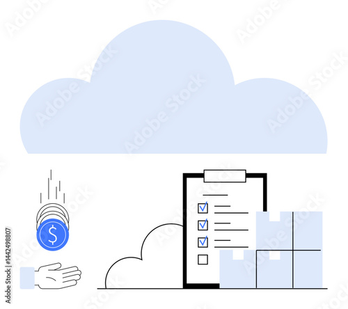 Cloud with clipboard checklist, storage boxes, and falling coins toward a hand. Ideal for finance, logistics, data storage, inventory, cloud solutions, business management simple landing page