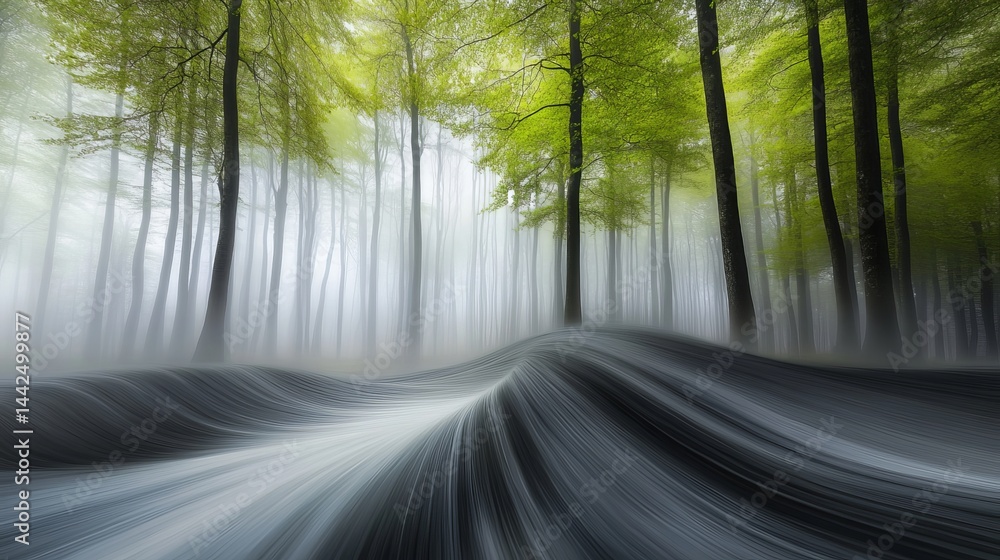 Abstract misty forest scene with green trees and swirling path fog art calm grey dark image woods Abstract misty forest scene with green trees and swirling path fog art calm grey dark image woods