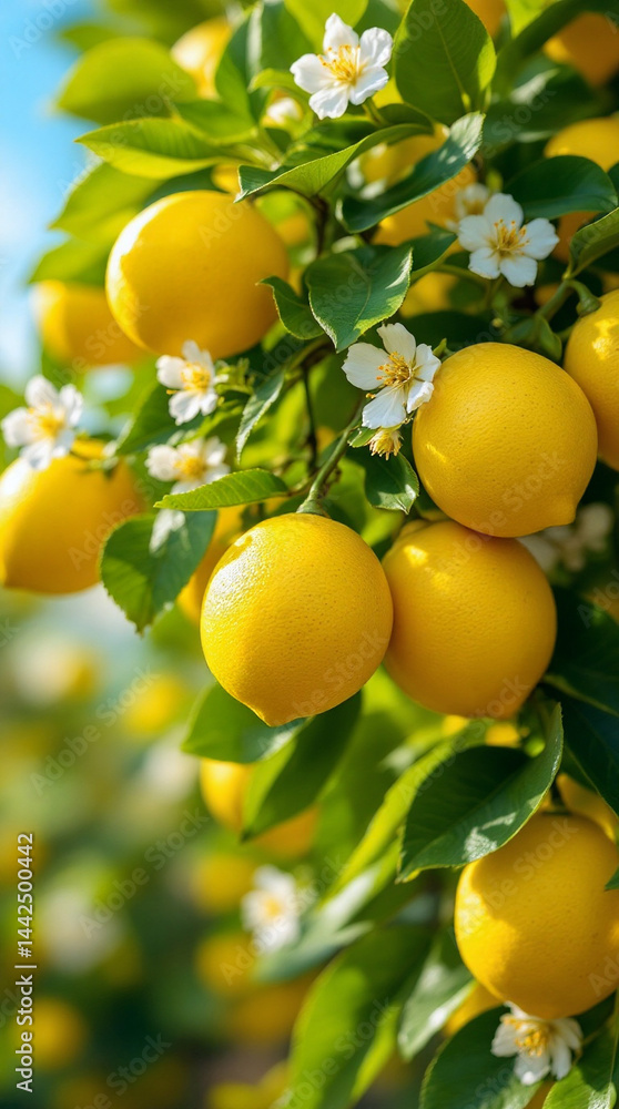 Lemon tree branch with yellow fruit, leaves and white flowers. Blue sky in the background. Vertical image Lemon tree branch with yellow fruit, leaves and white flowers. Blue sky in the background. Vertical image