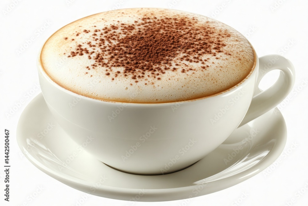 A beautifully crafted cappuccino served in a white ceramic cup, topped with a sprinkle of cocoa powder, placed on a saucer, with a bright background enhancing the coffee's appeal A beautifully crafted cappuccino served in a white ceramic cup, topped with a sprinkle of cocoa powder, placed on a saucer, with a bright background enhancing the coffee's appeal