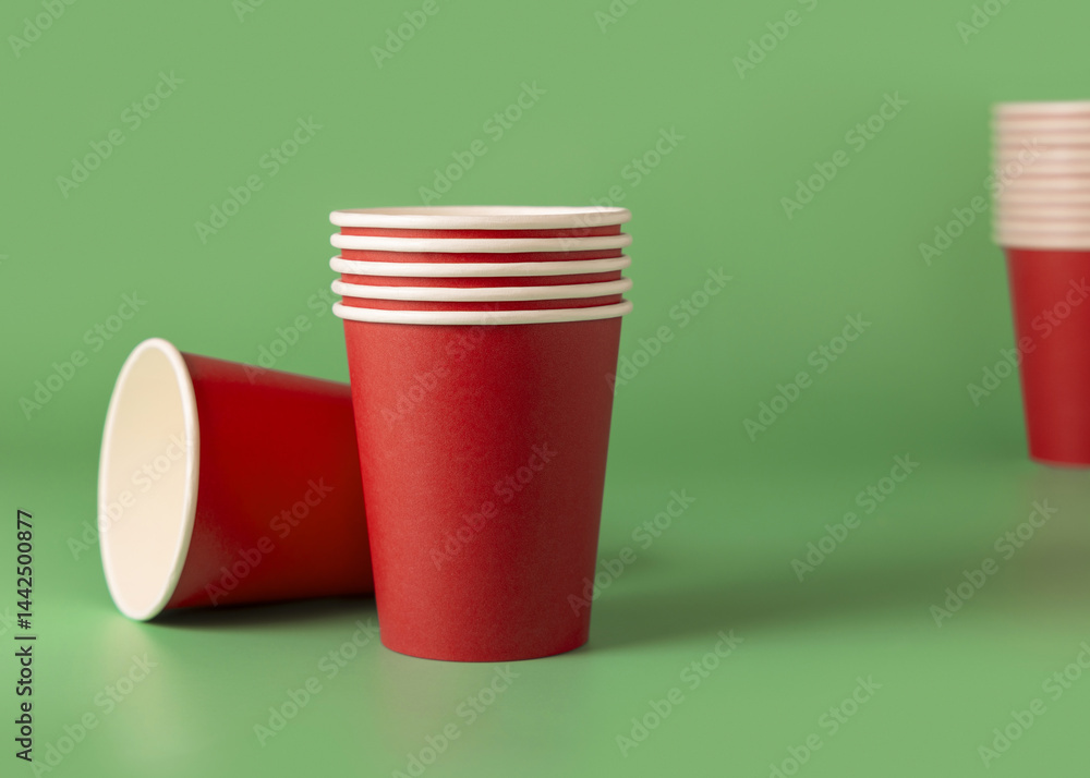Disposable red paper cups on a green closeup, mockup. No plastic and sustainable Christmas