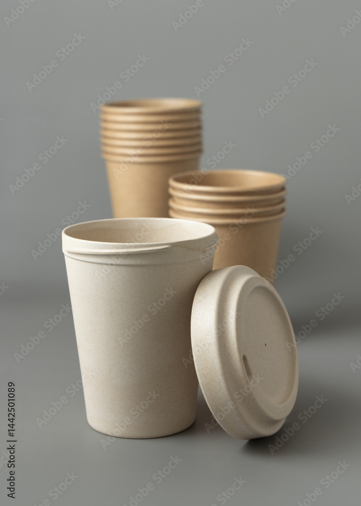 New beige kraft paper cups and reusable bamboo coffee cup with a lid on a gray closeup, mockup