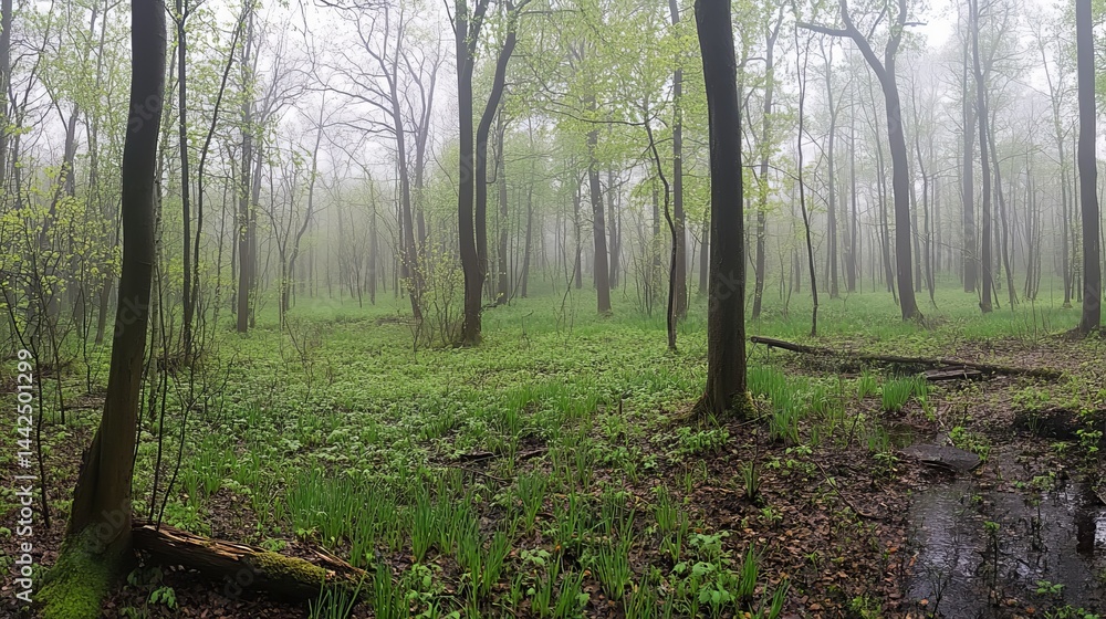 Fototapeta premium Misty spring forest scene tranquil green lush trees nature fog wet day calm path damp view park woods