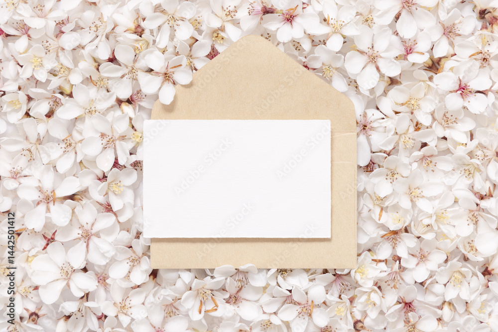 Blank card and envelope over white cherry flowers top view, spring wedding mockup