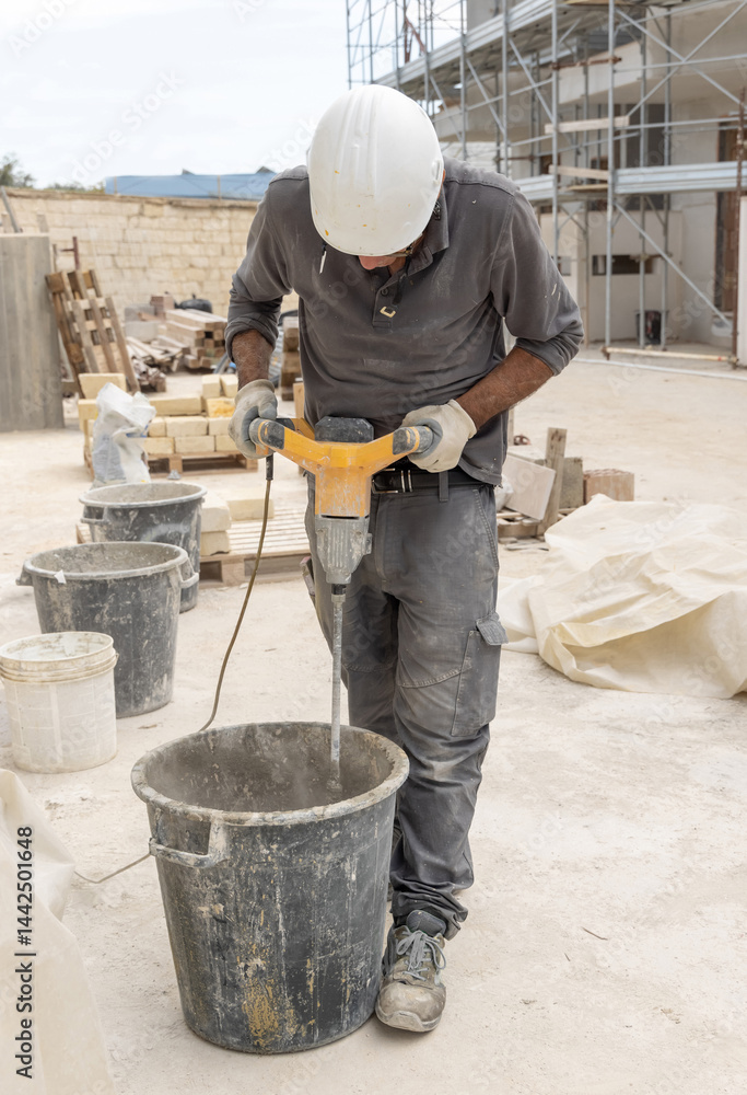 Craftsman in grey work clothes mixing cement or plaster with a tool in construction site