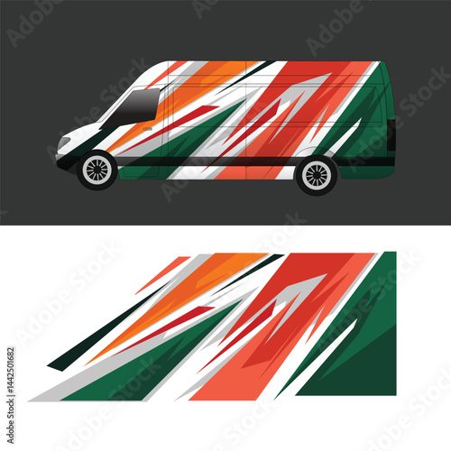 Van wrap template with bold abstract shapes in green, orange, white, and red tones. Modern vehicle decal design with dynamic lines 