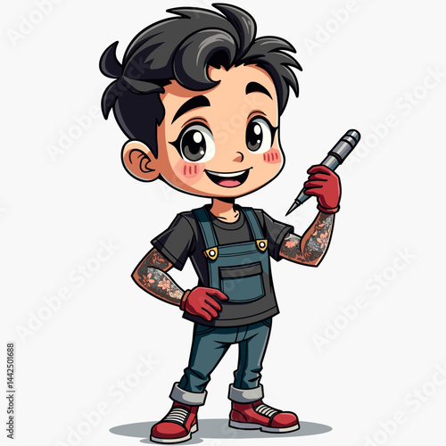 cartoon boy tattoo artist with machine for parlor ads, creative blogs, artist profiles, appointment cards, alternative style visuals