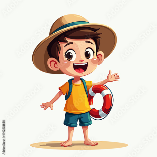 cartoon boy with lifebuoy for summer vacation blogs, beach safety guides, travel agency sites, kids swimming lessons promotions, pool party invitations
