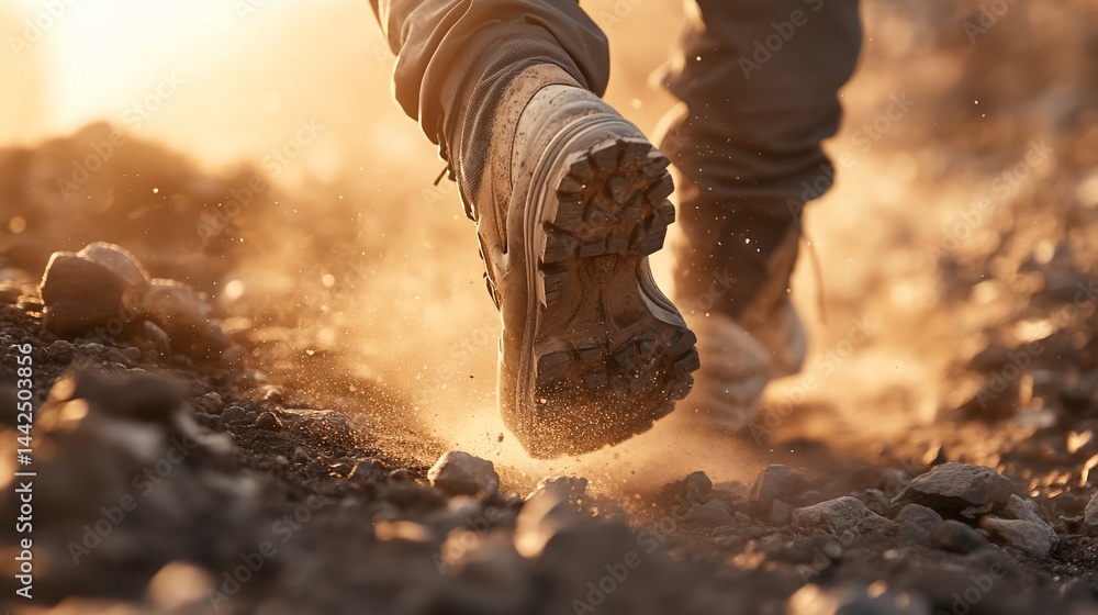 Close-up of hiking boots running on dusty trail at sunset.