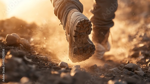 Obraz na płótnie Close-up of hiking boots running on dusty trail at sunset. w salonie