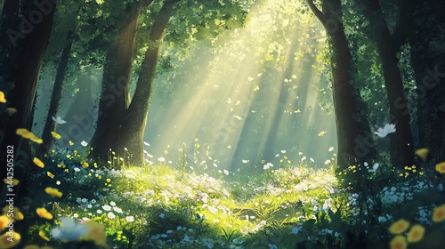 Fototapeta Naklejka Na Ścianę i Meble -  Magical sunlit forest path with blooming flowers and butterflies art trees woods green white light