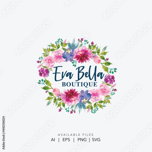 Elegant Watercolor Floral Wreath Logo for Eva Bella Boutique: Ideal for Fashion and Beauty Businesses