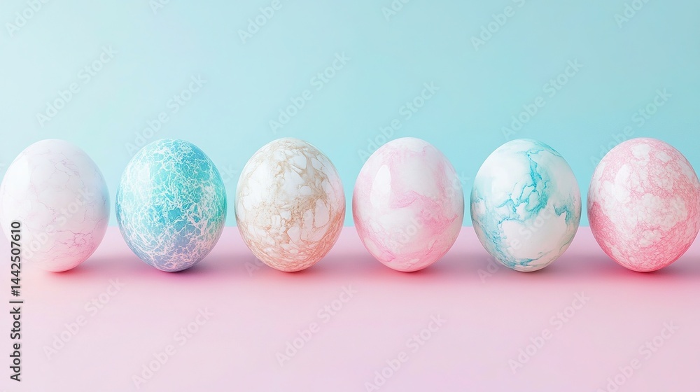 Marbled Easter eggs in soft pastel tones with elegant geometric patterns on a soft pink and blue background. Perfect for spring celebrations, holiday decorations, seasonal greeting cards. Marbled Easter eggs in soft pastel tones with elegant geometric patterns on a soft pink and blue background. Perfect for spring celebrations, holiday decorations, seasonal greeting cards.