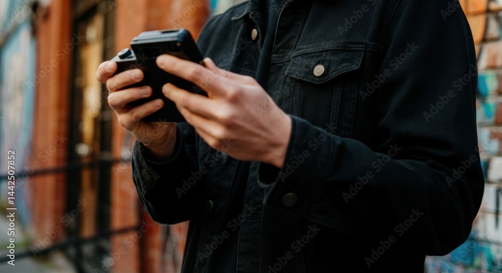 Male adult in black jacket using smartphone in urban setting Male adult in black jacket using smartphone in urban setting