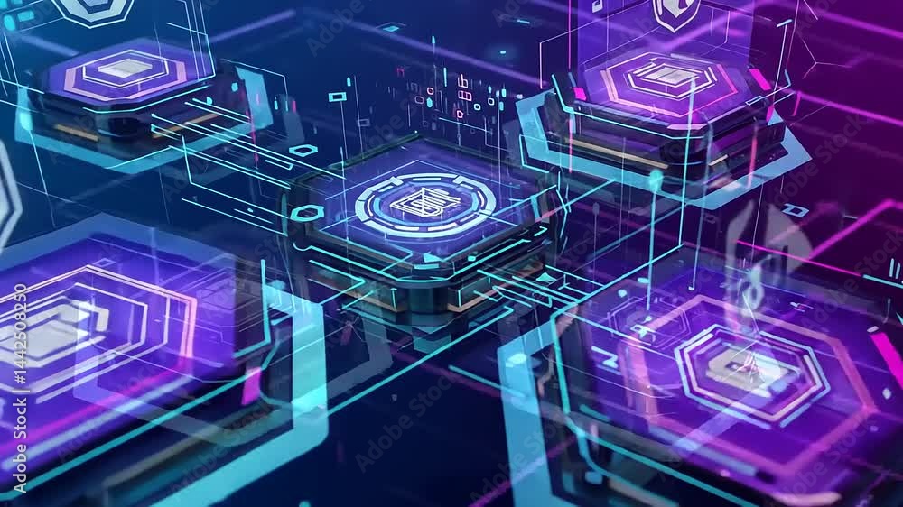 Futuristic digital interface showcasing interconnected hexagonal nodes with vibrant neon elements Futuristic digital interface showcasing interconnected hexagonal nodes with vibrant neon elements