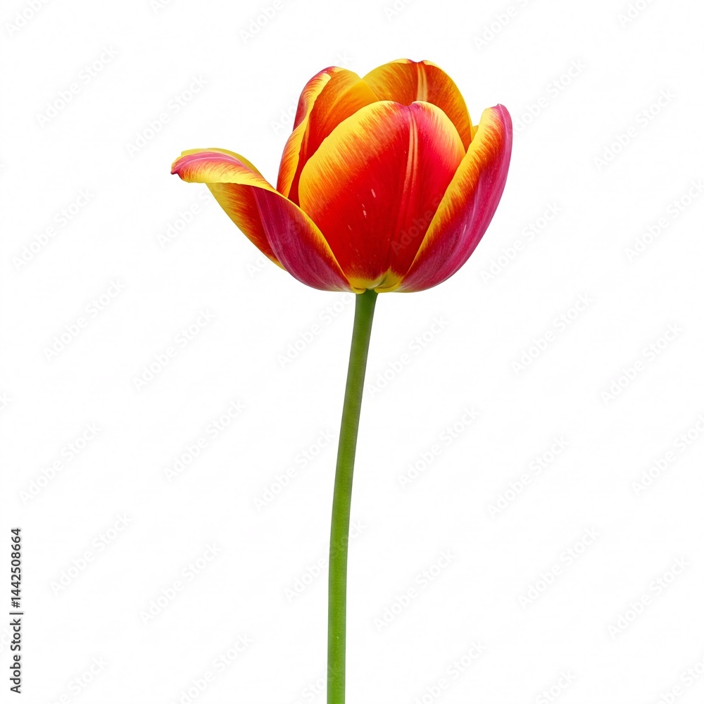 Naklejka premium Red and yellow tulip on a green stem isolated on white background