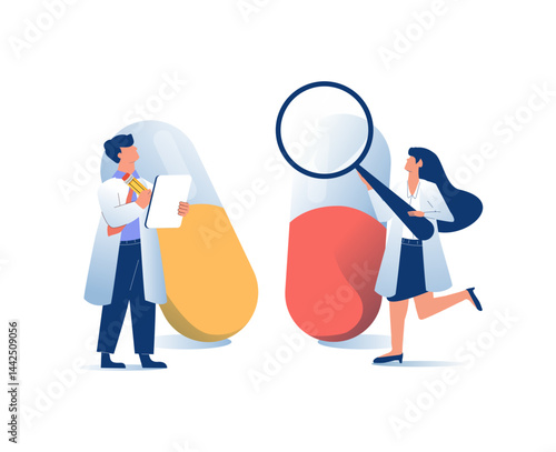 Doctors are studying drugs, pills, representing healthcare, medicine, treatment, and personal wellness. Scientists