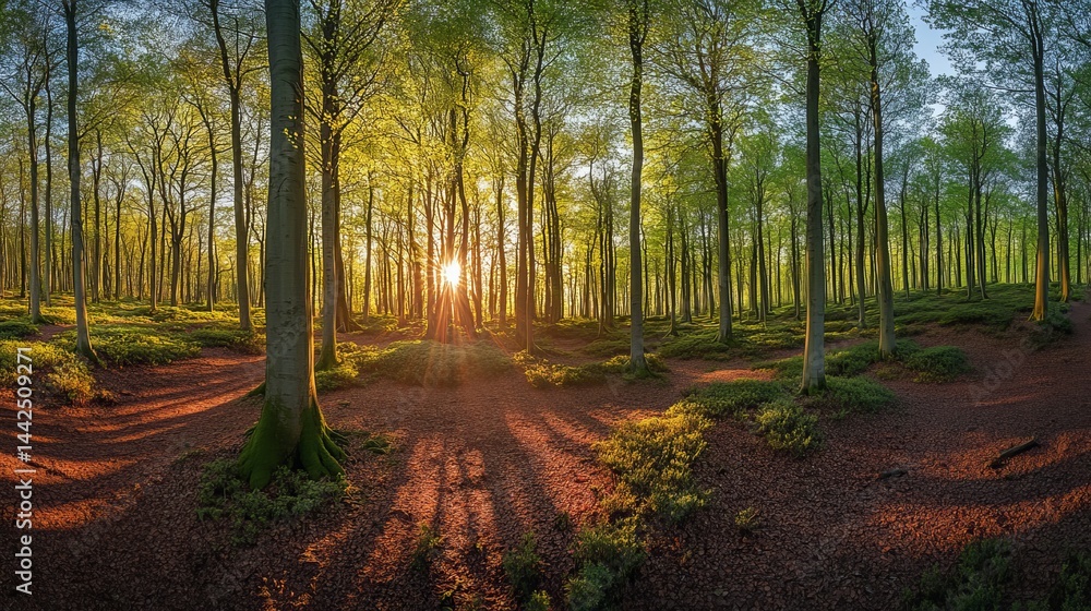 Naklejka premium Golden sunlight streaming through lush green spring forest trees art calm path park woods flora image