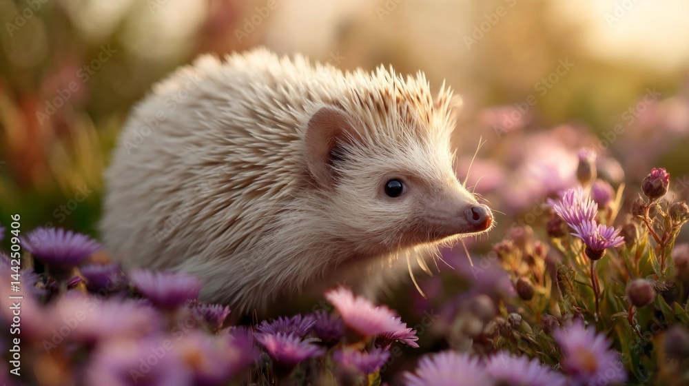 Obraz premium In a serene garden filled with colorful wildflowers, a white hedgehog explores its surroundings, searching for tasty morsels as the warm sun casts a gentle glow on the landscape