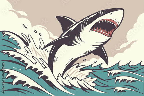 A Fierce Great White Shark Leaping From Waves In Comic Style