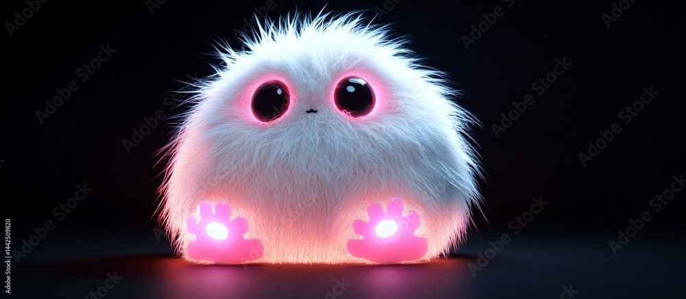 Cute fluffy white creature with glowing pink paws.