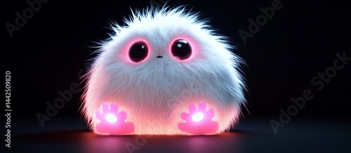 Obraz na płótnie Cute fluffy white creature with glowing pink paws. w salonie