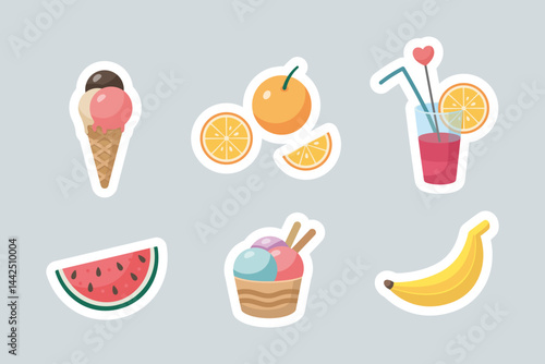 Summer popular food sticker Set. Cute summer fruit, ice cream icons collection. Summertime elements. Beach party illustration. Cartoon vector illustration. Flat design.