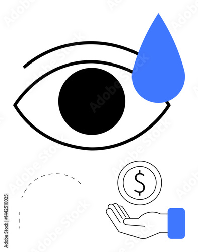 Eye shedding a blue tear, hand offering a coin, dotted semicircle design. Ideal for empathy, charity, financial support, philanthropy, mental health, social issues simple landing page
