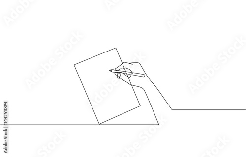 Write in a notebook, take notes, book, textbook one line art, Continuous line drawing of hand writing on paper. Vector illustration for banner, poster, web, template, business card.