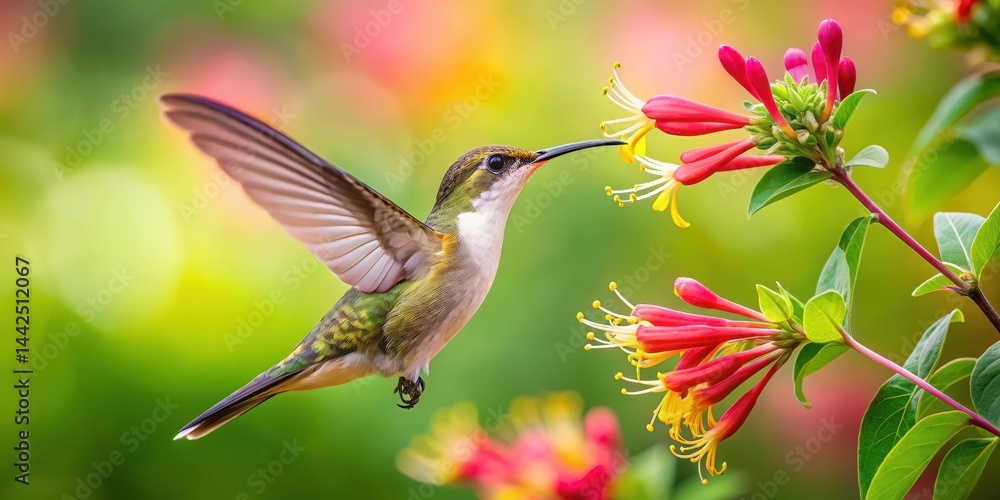 Naklejka premium Hummingbird Sipping Nectar from Honeysuckle Flower, serene landscape, insect life, serene landscape