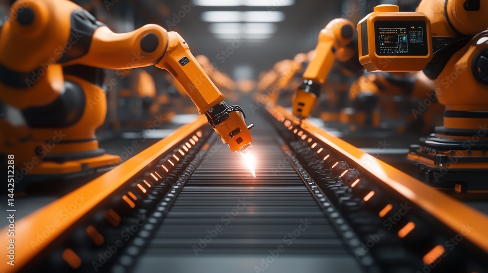 Robotic arms welding on assembly line.