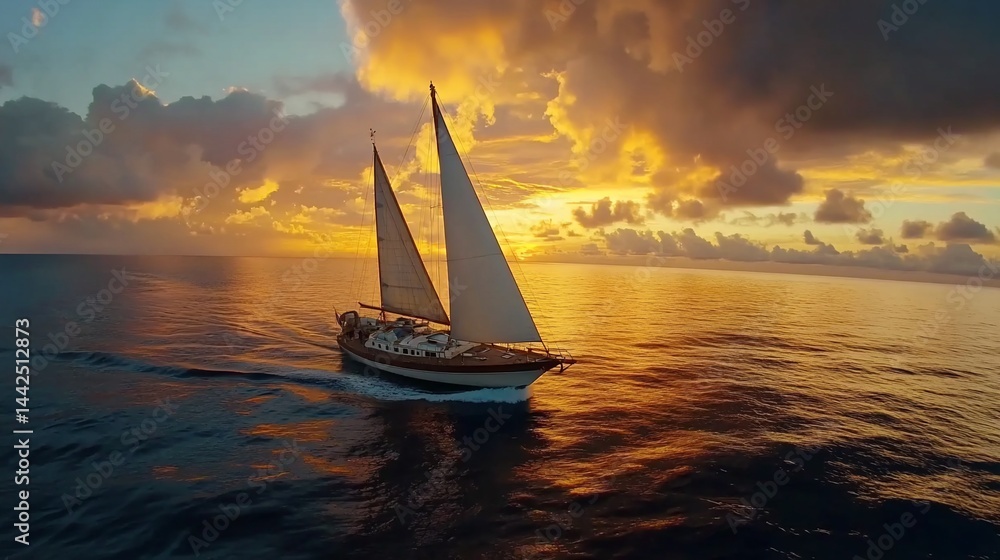 Sailboat sailing at sunset, ocean view.