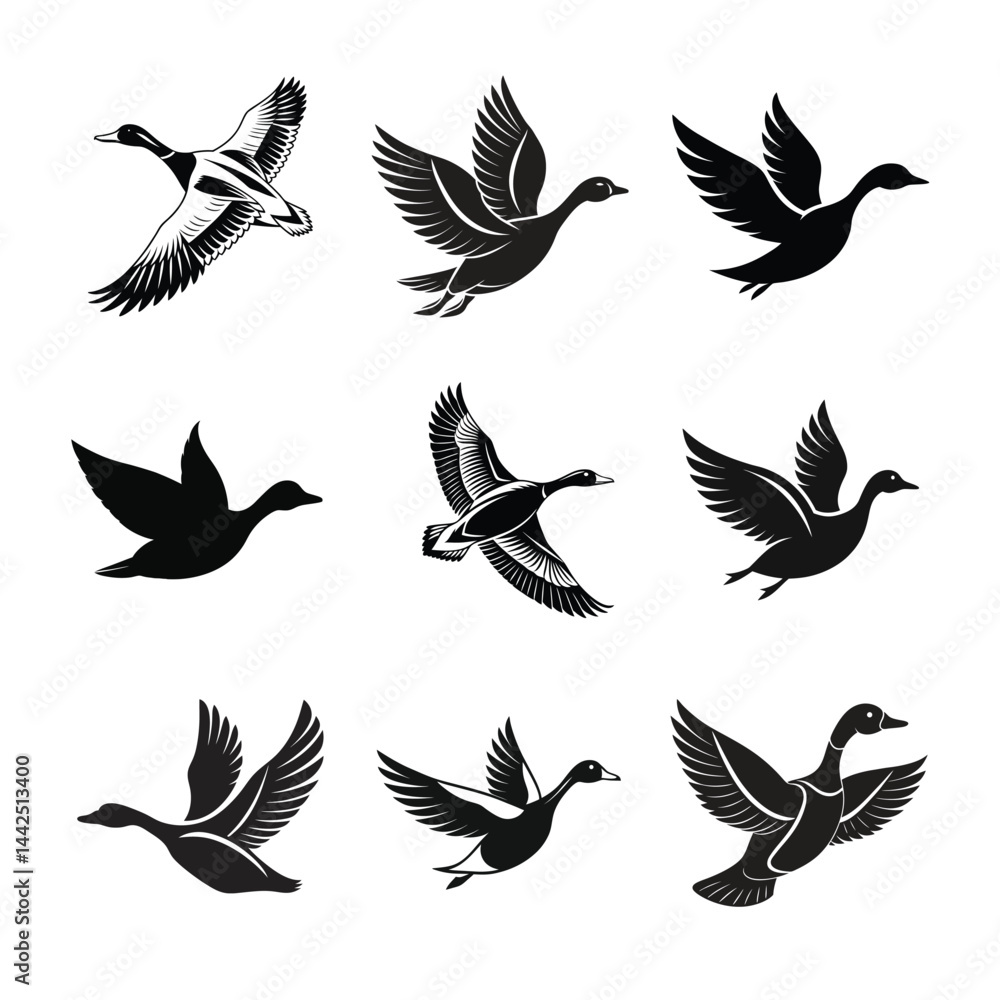 Obraz premium Flying Duck Silhouettes Vector Set – Wildlife Bird Icons for Logos & Design