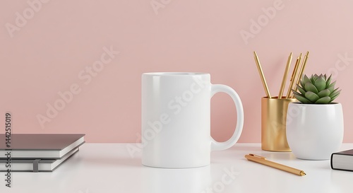 blank coffee mug mock up styled with minimalist desk decor, digital illustration, pastel background