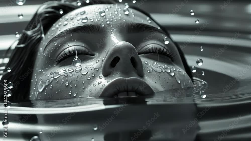 Artistic Female Face Emerging from Water with Droplets in Monochrome Artistic Female Face Emerging from Water with Droplets in Monochrome