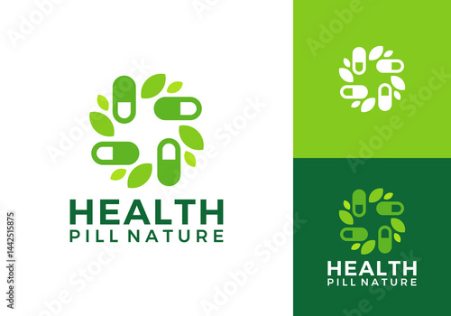 green leaf health care logo. plus pill herbal nature icon vector design