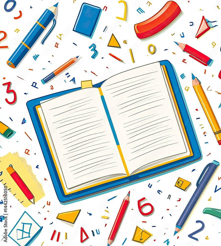 Open Book with Pencils, Eraser and Numbers Open Book with Pencils, Eraser and Numbers