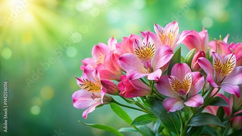 Vibrant pink Alstroemeria flowers bloom in a lush cluster on a soft green background, creating a stunning visual effect