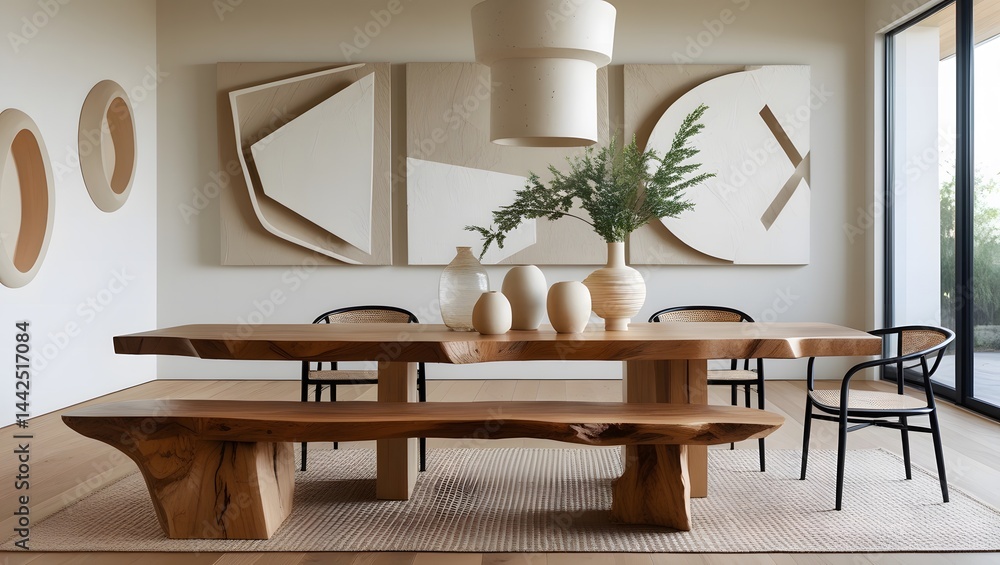 Minimalist Scandinavian interior design of a modern living room with round dining table and elegant chairs