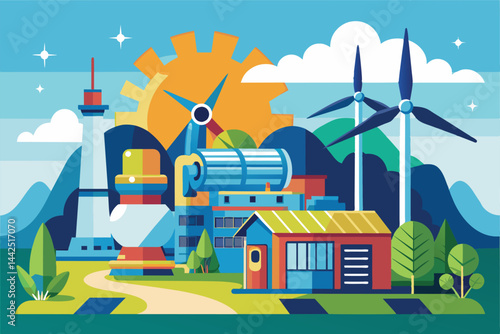 Colorful illustration showcasing sustainable energy sources like wind turbines and solar panels in a scenic landscape. Represents eco-friendly technology and renewable energy concepts.