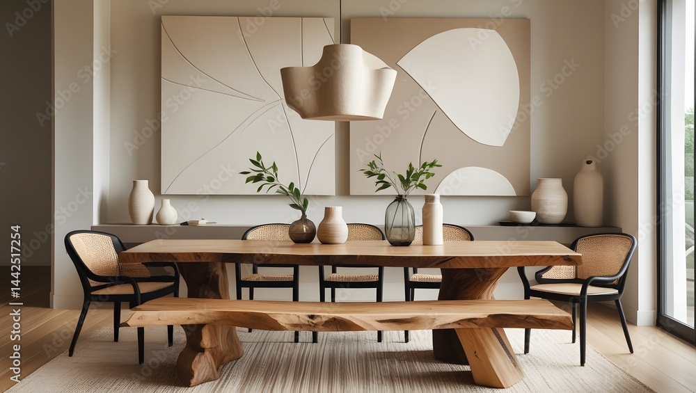 Minimalist Scandinavian interior design of a modern living room with round dining table and elegant chairs