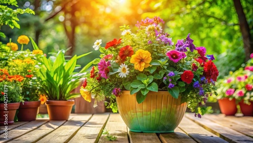 Wallpaper Mural Vibrant flower arrangement in a colorful planter on a sun-drenched patio, surrounded by lush greenery and vibrant foliage, nature scene, gardening Torontodigital.ca