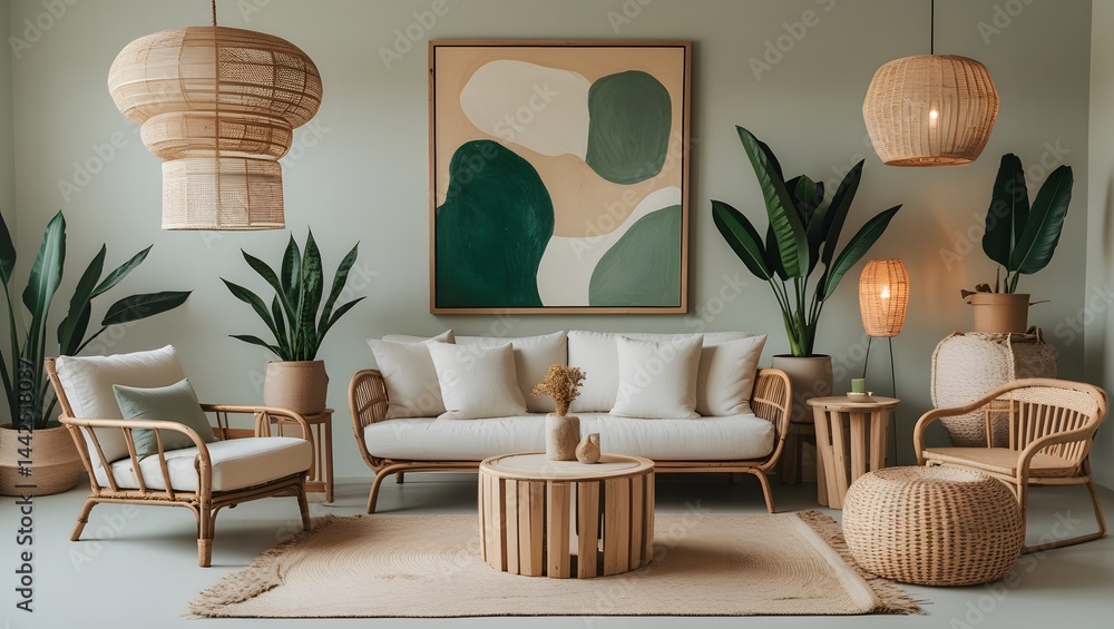 Scandinavian style living room with a beige couch, a cozy rug, and a framed mock up picture on the wall. Resident and Apartment Mockup and concept