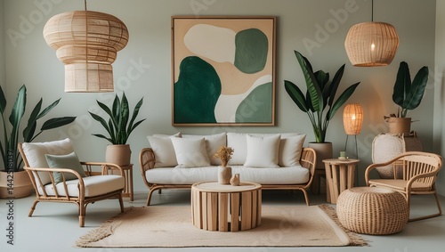 Obraz na płótnie Scandinavian style living room with a beige couch, a cozy rug, and a framed mock up picture on the wall. Resident and Apartment Mockup and concept w salonie