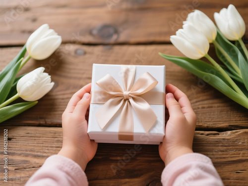 Obraz na płótnie Child Hands Holding a Gift Box with Ribbon and White Tulips background on wooden table, Top View Close-Up, Happy Mother's Day concept w salonie