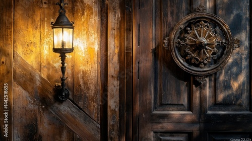 Wallpaper Mural A warmly illuminated lamp and ornate handle on a wooden door Torontodigital.ca