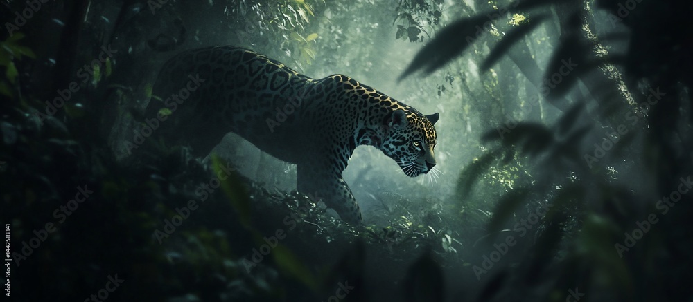Majestic jaguar stalking through lush rainforest.
