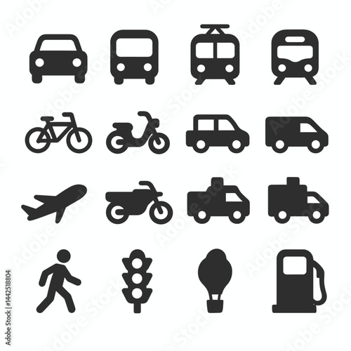 Set of black transportation icons including car, bus, tram, train, bicycle, scooter, motorcycle, SUV, van, airplane, taxi, delivery truck, pedestrian, traffic light, hot air balloon, and fuel pump bla