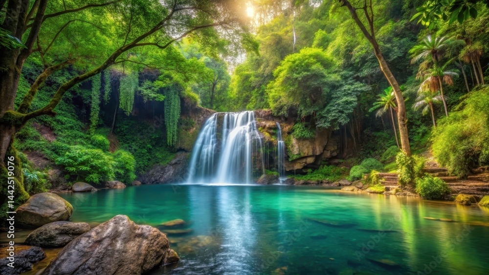 Forest Landscape with Waterfall and Pool, landscape, waterfall, landscape,waterfall, outdoors, natural beauty, calming Forest Landscape with Waterfall and Pool, landscape, waterfall, landscape,waterfall, outdoors, natural beauty, calming